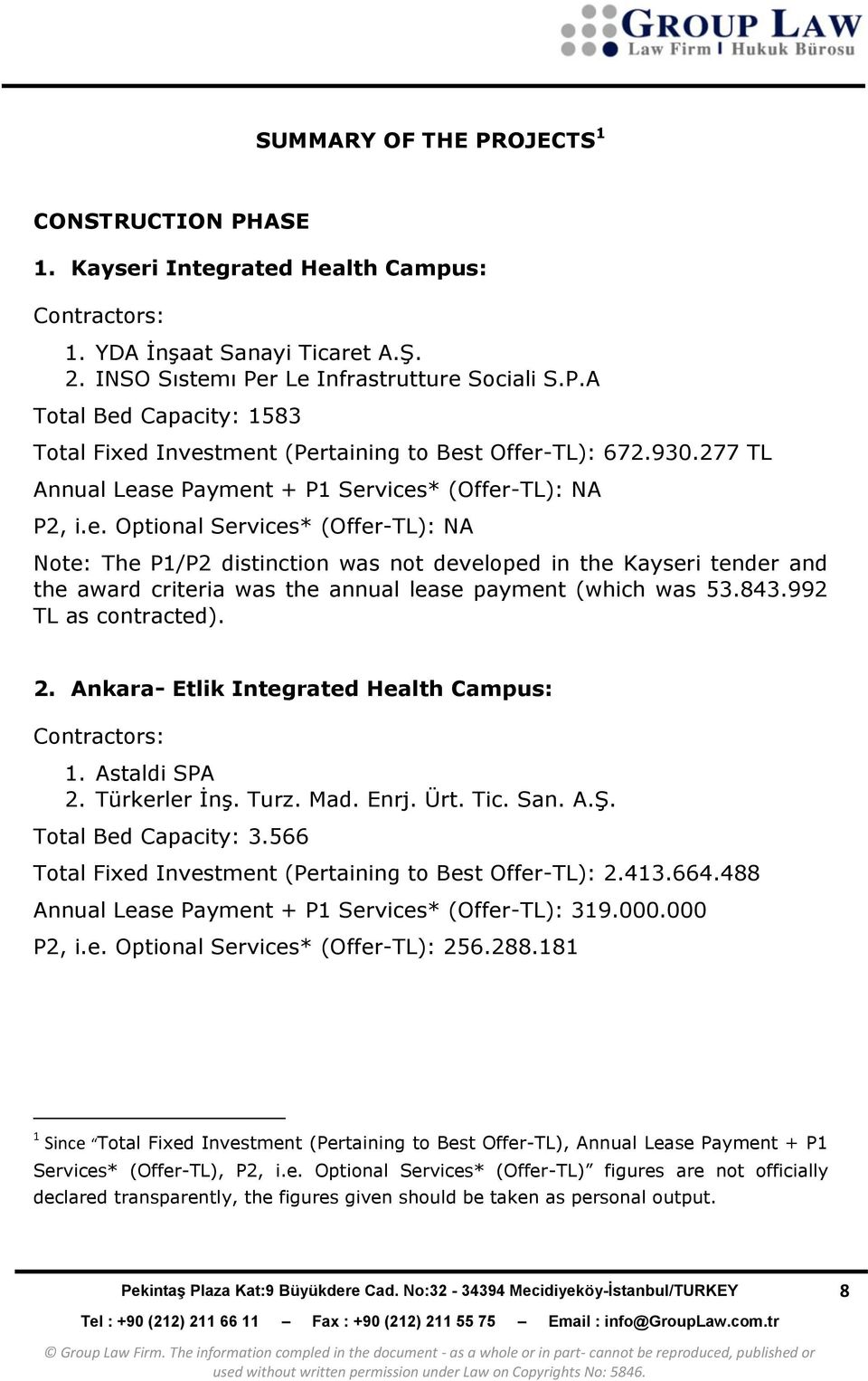 843.992 TL as contracted). 2. Ankara- Etlik Integrated Health Campus: Contractors: 1. Astaldi SPA 2. Türkerler İnş. Turz. Mad. Enrj. Ürt. Tic. San. A.Ş. Total Bed Capacity: 3.