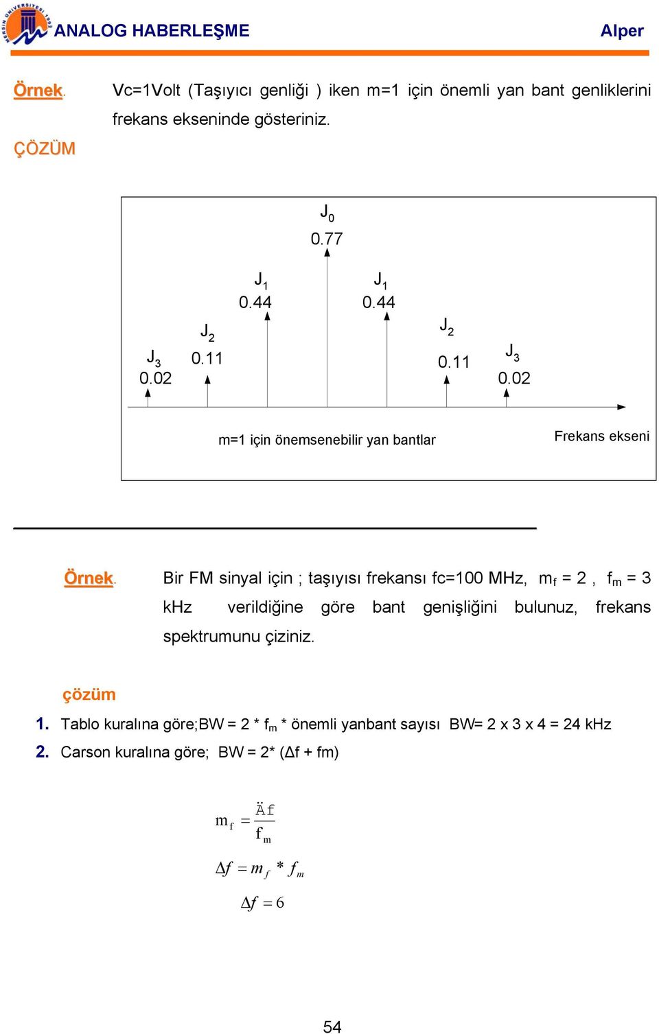 Bir FM sinyal için ; taşıyısı frekansı fc=100 MHz, m f = 2, f m = 3 khz verildiğine göre bant genişliğini bulunuz, frekans spektrumunu