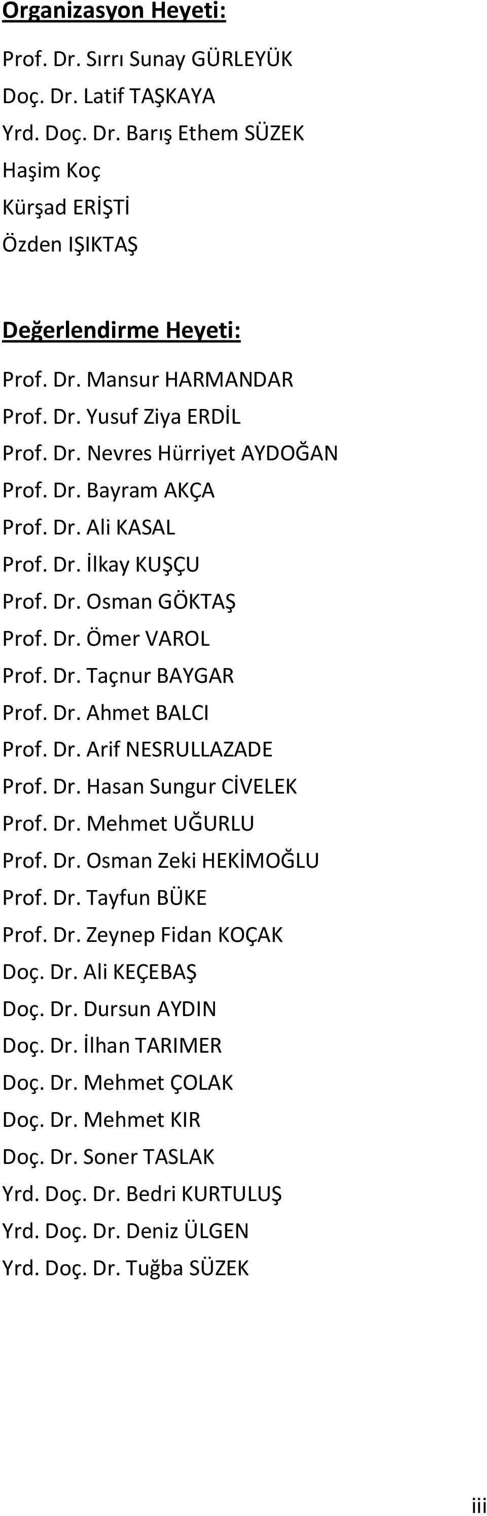 Dr. Arif NESRULLAZADE Prof. Dr. Hasan Sungur CİVELEK Prof. Dr. Mehmet UĞURLU Prof. Dr. Osman Zeki HEKİMOĞLU Prof. Dr. Tayfun BÜKE Prof. Dr. Zeynep Fidan KOÇAK Doç. Dr. Ali KEÇEBAŞ Doç. Dr. Dursun AYDIN Doç.