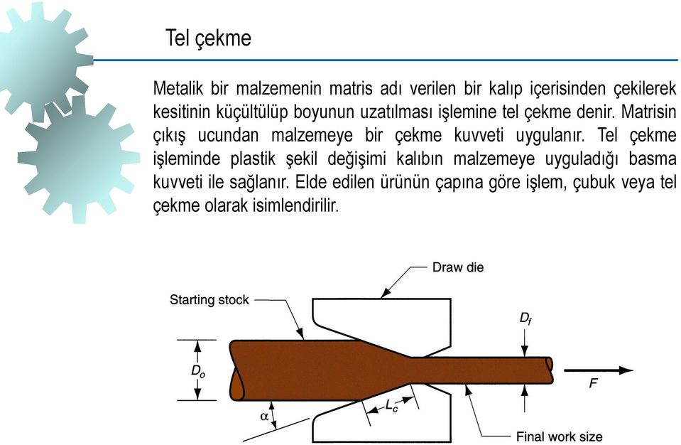 Matrisin çıkış ucundan malzemeye bir çekme kuvveti uygulanır.