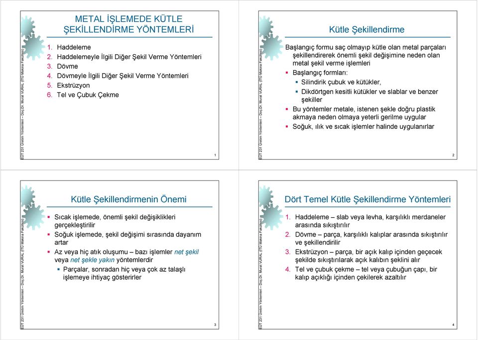 Tel ve Çubuk Çekme 1 Başlangıç formu saçolmayıp kütle olan metal parçaları şekillendirerek önemli şekil değişimine neden olan metal şekil verme işlemleri Başlangıç formları: Silindirik çubuk ve