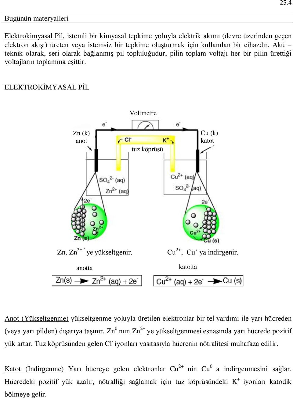 ELEKTROKİMYASAL PİL Voltmetre Zn (k) anot tuz köprüsü Cu (k) katot Zn, Zn 2+ ye yükseltgenir. anotta Cu 2+, Cu ya indirgenir.