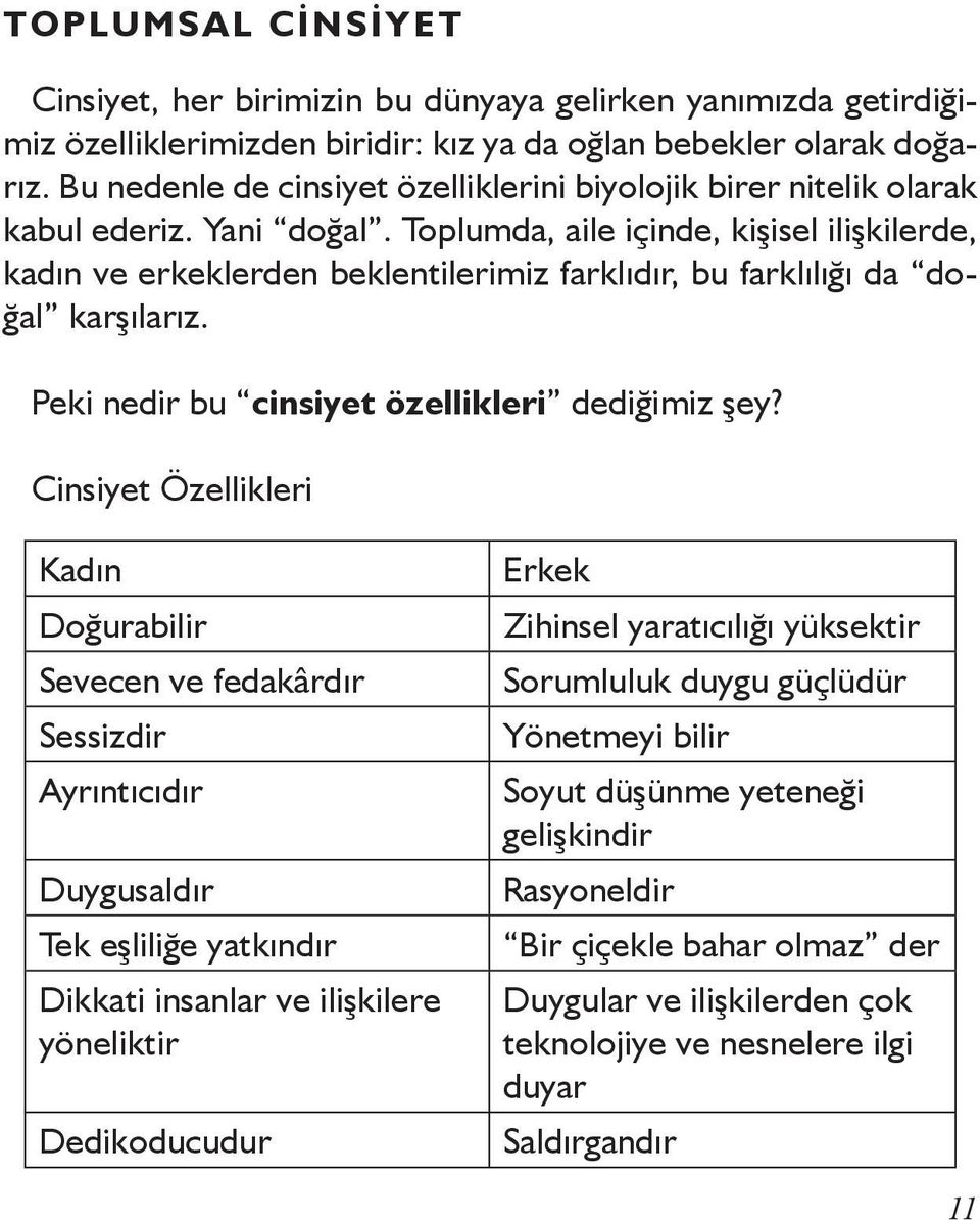 Toplumda, aile içinde, kişisel ilişkilerde, kadın ve erkeklerden beklentilerimiz farklıdır, bu farklılığı da doğal karşılarız. Peki nedir bu cinsiyet özellikleri dediğimiz şey?