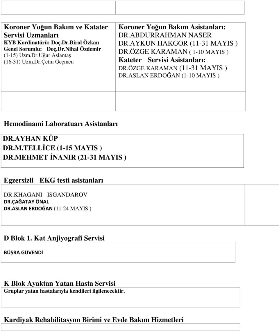 ASLAN ERDOĞAN (1-10 MAYIS ) Hemodinami Laboratuarı Asistanları DR.AYHAN KÜP DR.M.TELLİCE (1-15 MAYIS ) DR.MEHMET İNANIR (21-31 MAYIS ) Egzersizli EKG testi asistanları DR.KHAGANI ISGANDAROV DR.