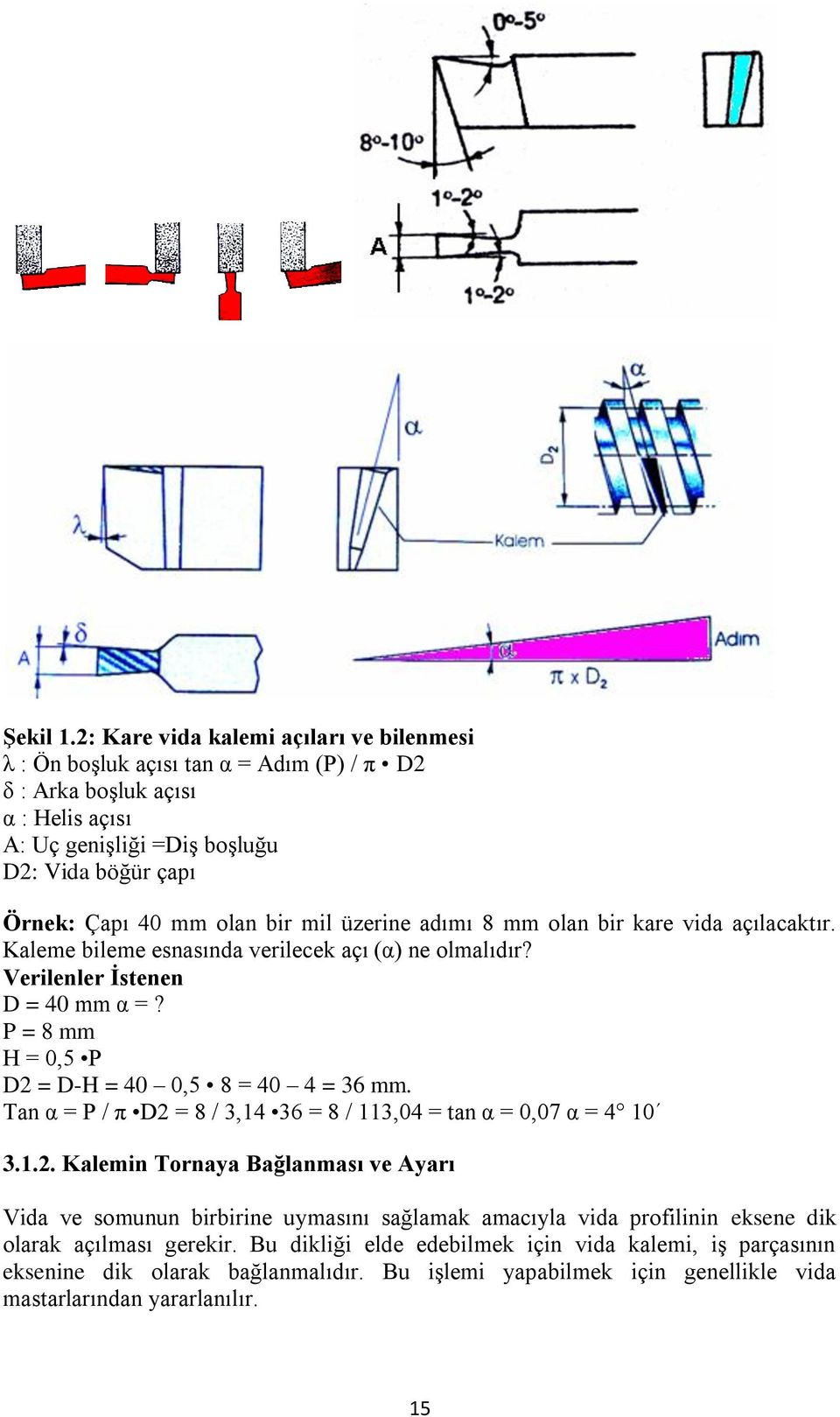 bir mil üzerine adımı 8 mm olan bir kare vida açılacaktır. Kaleme bileme esnasında verilecek açı (α) ne olmalıdır? Verilenler İstenen D = 40 mm α =?