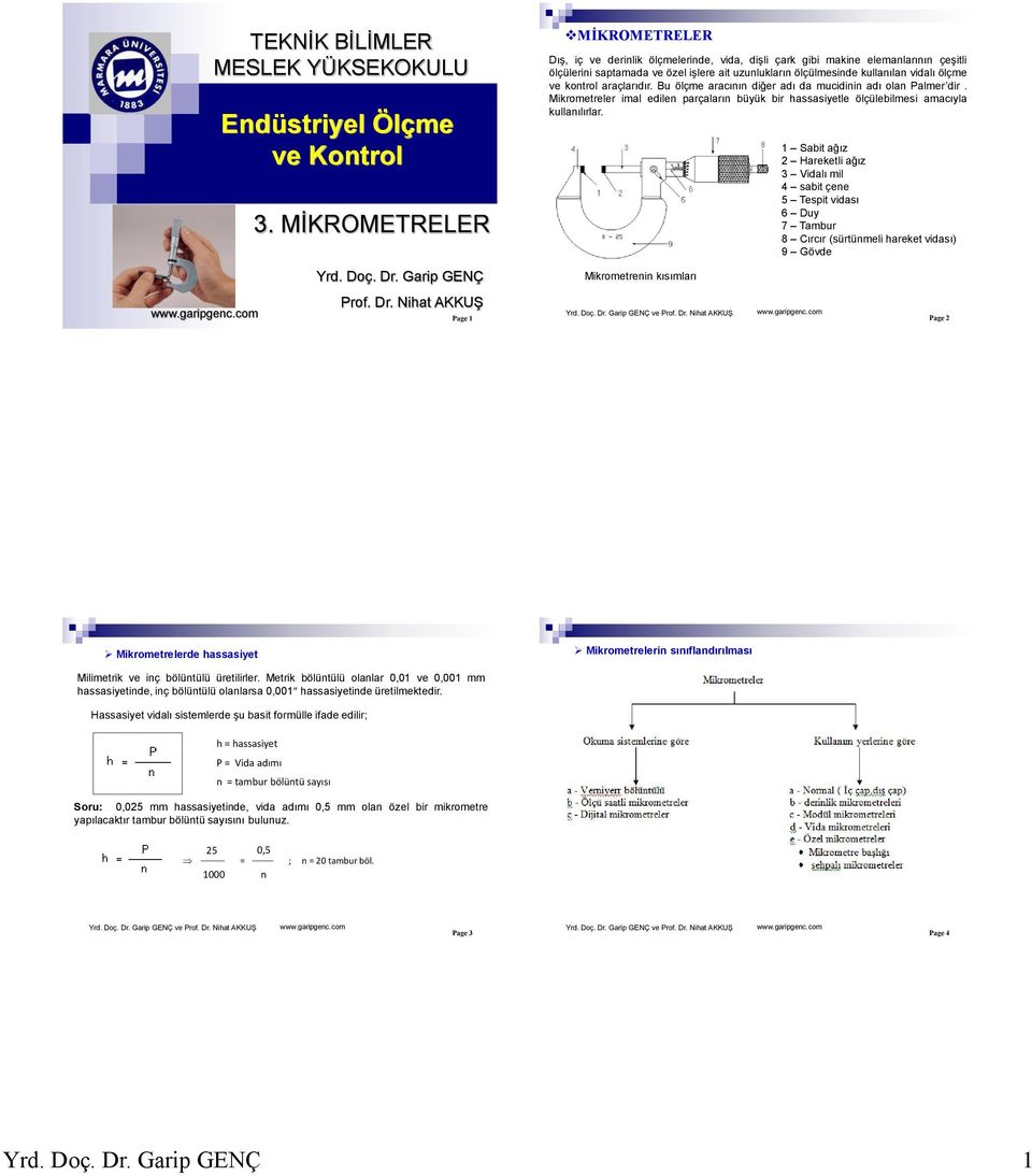 Nihat AKKUŞ Page 2 Page 1 MİKROMETRELER Dış, iç ve derinlik ölçmelerinde, vida, dişli çark gibi makine elemanlarının çeşitli ölçülerini saptamada ve özel işlere ait uzunlukların ölçülmesinde