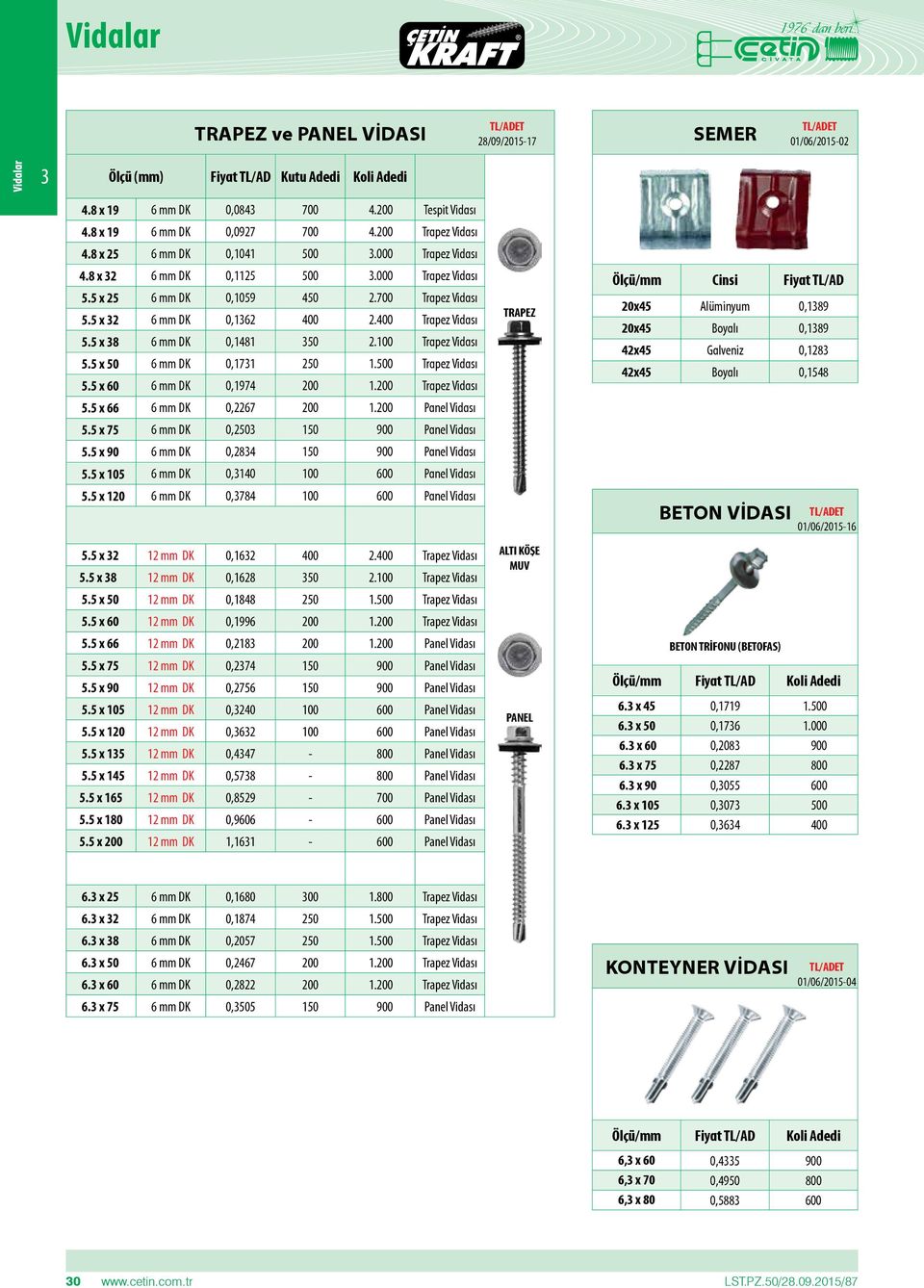 5 x 38 6 mm DK 0,1481 350 2.100 Trapez Vidası 5.5 x 50 6 mm DK 0,1731 250 1.500 Trapez Vidası 5.5 x 60 6 mm DK 0,1974 200 1.200 Trapez Vidası 5.5 x 66 6 mm DK 0,2267 200 1.200 Panel Vidası 5.