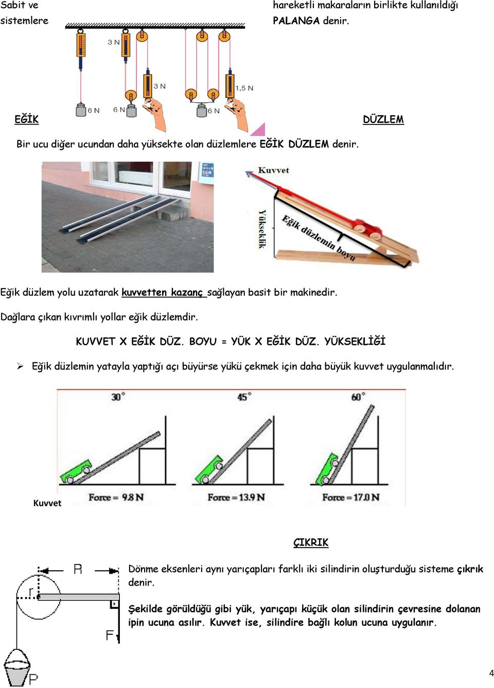 YÜKSEKLİĞİ Eğik düzlemin yatayla yaptığı açı büyürse yükü çekmek için daha büyük kuvvet uygulanmalıdır.