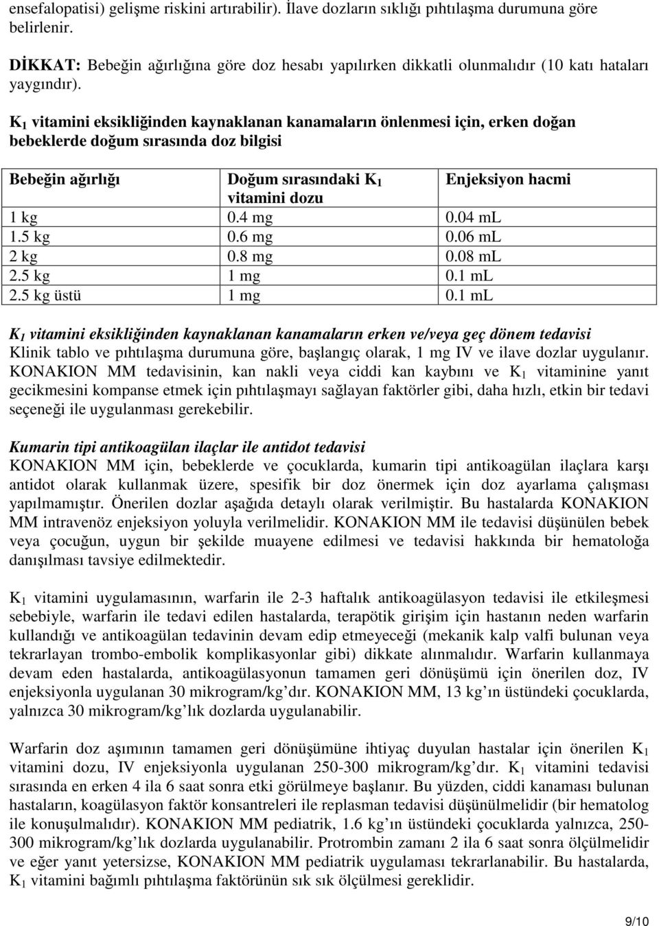 K 1 vitamini eksikliğinden kaynaklanan kanamaların önlenmesi için, erken doğan bebeklerde doğum sırasında doz bilgisi Bebeğin ağırlığı Doğum sırasındaki K 1 Enjeksiyon hacmi vitamini dozu 1 kg 0.