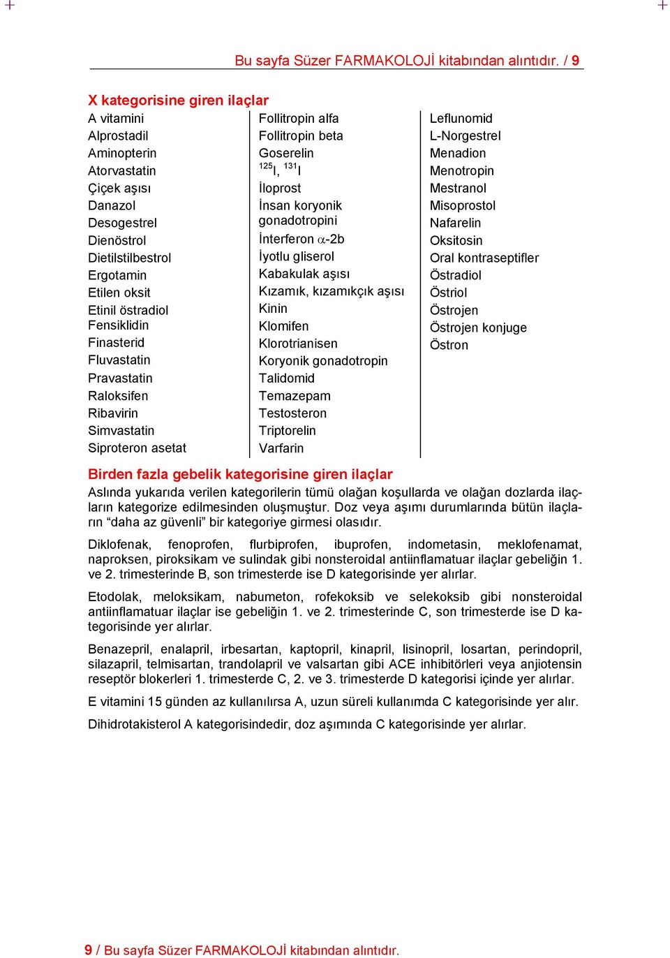 Finasterid Fluvastatin Pravastatin Raloksifen Ribavirin Simvastatin Siproteron asetat Follitropin alfa Follitropin beta Goserelin 125 I, 131 I İloprost İnsan koryonik gonadotropini İnterferon α-2b