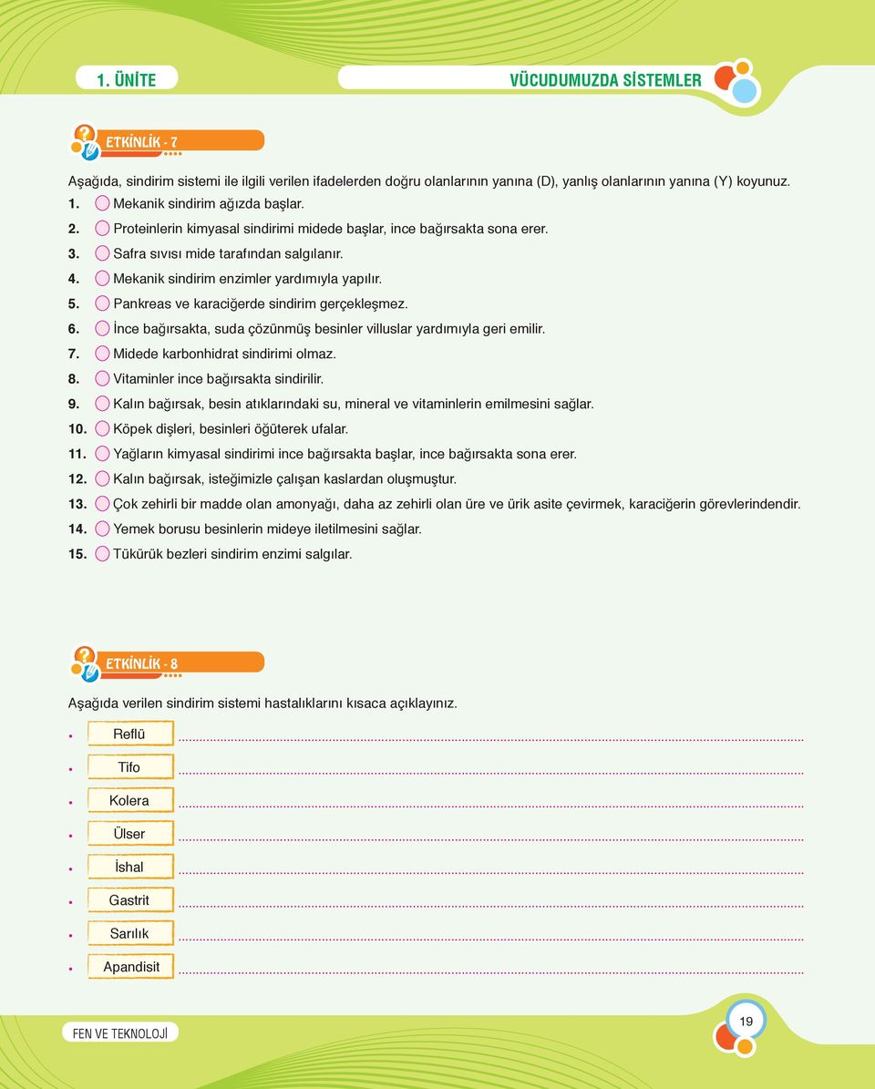 Mekanik sindirim enzimler yardımıyla yapılır. 5. Pankreas ve karaciğerde sindirim gerçekleşmez. 6. İnce bağırsakta, suda çözünmüş besinler villuslar yardımıyla geri emilir. 7.