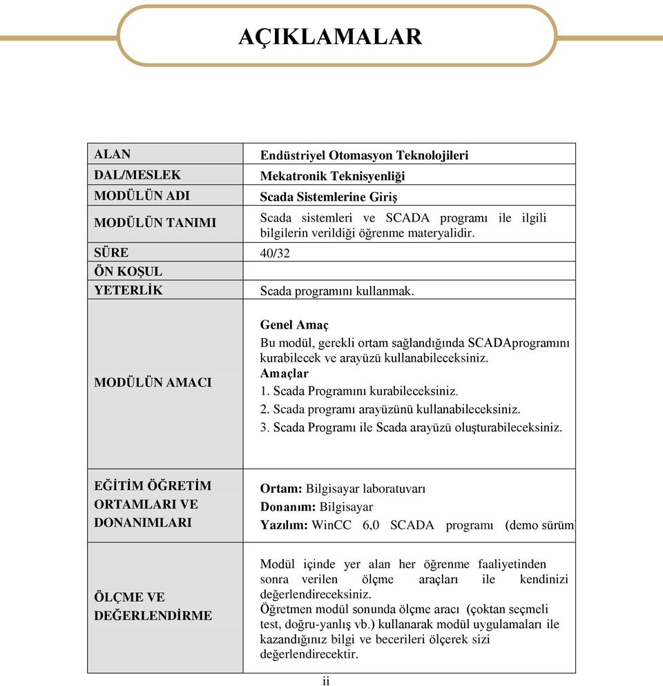 MODÜLÜN AMACI Genel Amaç Bu modül, gerekli ortam sağlandığında SCADAprogramını kurabilecek ve arayüzü kullanabileceksiniz. Amaçlar 1. Scada Programını kurabileceksiniz. 2.