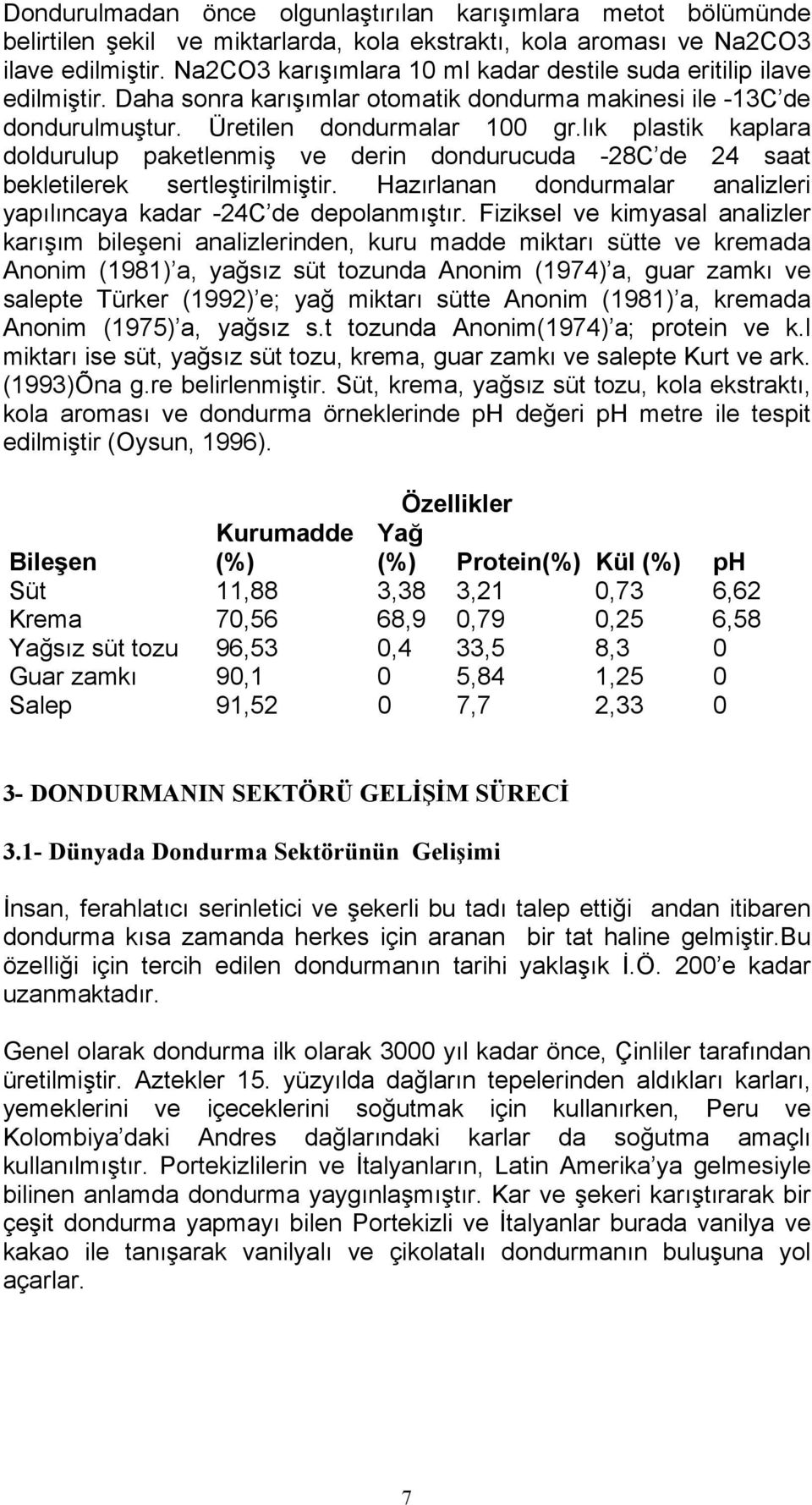 lõk plastik kaplara doldurulup paketlenmiş ve derin dondurucuda -28C de 24 saat bekletilerek sertleştirilmiştir. Hazõrlanan dondurmalar analizleri yapõlõncaya kadar -24C de depolanmõştõr.