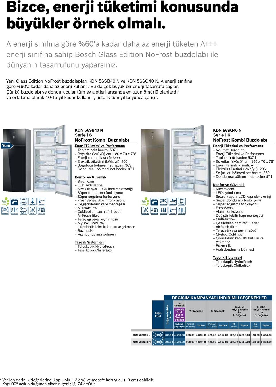 Yeni Glass Edition NoFrost buzdolapları KDN 56SB40 N ve KDN 56SQ40 N, A enerji sınıfına göre %60 a kadar daha az enerji kullanır. Bu da çok büyük bir enerji tasarrufu sağlar.