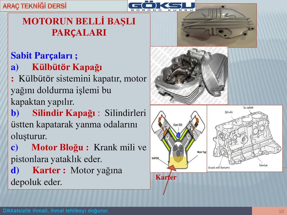 b) Silindir Kapağı : Silindirleri üstten kapatarak yanma odalarını oluşturur.