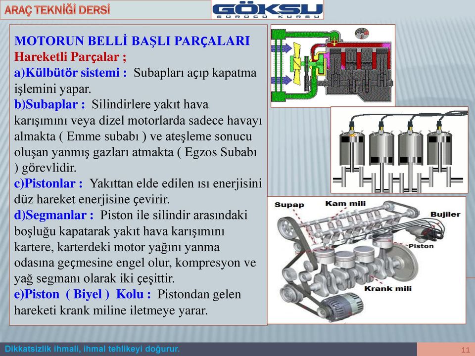 görevlidir. c)pistonlar : Yakıttan elde edilen ısı enerjisini düz hareket enerjisine çevirir.