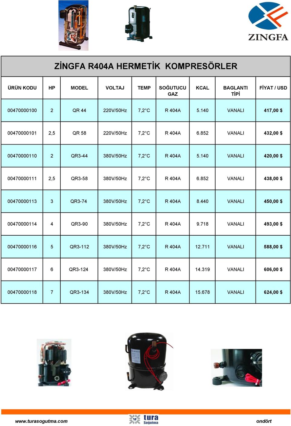 140 VANALI 420,00 $ 00470000111 2,5 QR3-58 380V/50Hz 7,2 C R 404A 6.852 VANALI 438,00 $ 00470000113 3 QR3-74 380V/50Hz 7,2 C R 404A 8.