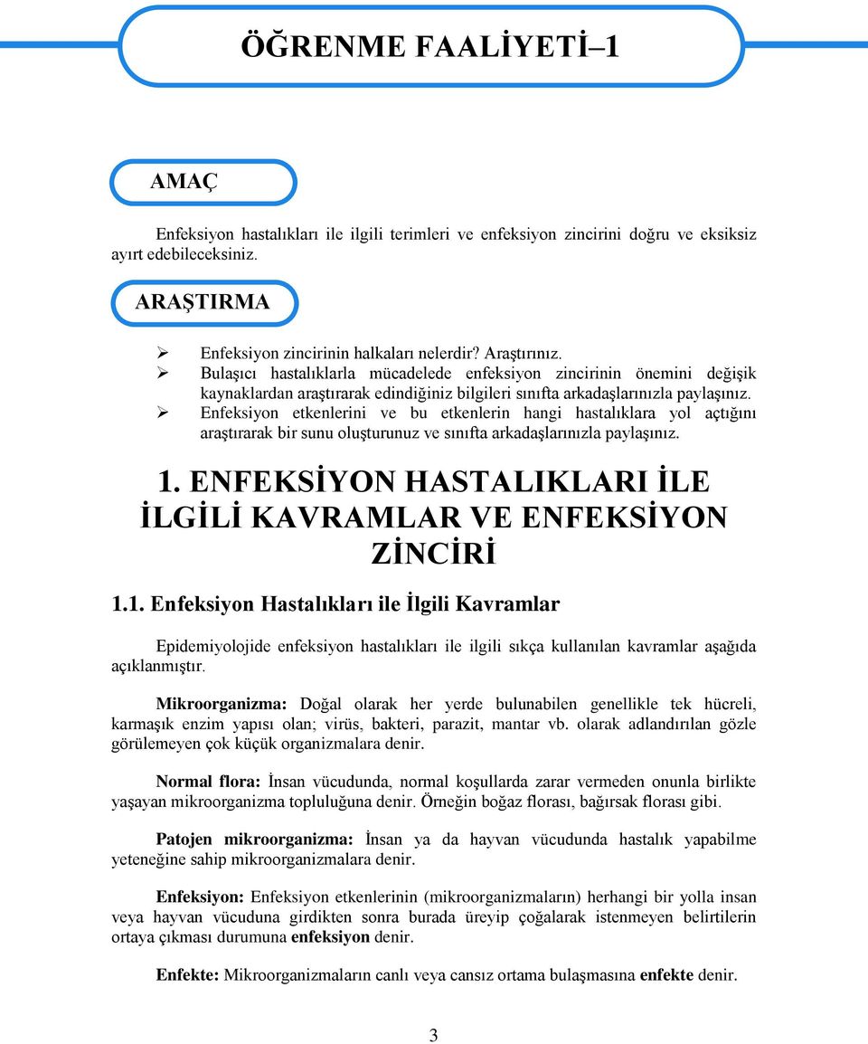 Bulaşıcı hastalıklarla mücadelede enfeksiyon zincirinin önemini değişik kaynaklardan araştırarak edindiğiniz bilgileri sınıfta arkadaşlarınızla paylaşınız.