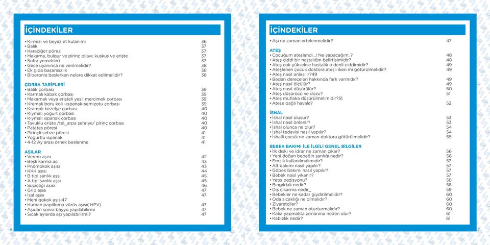 38 ÇORBA TARİFLERİ Balık çorbası 39 Karmalı kabak çorbası 39 Makarnalı veya erişteli yeşil mercimek çorbası 39 Kremalı boru koli ıspanak-semizotu çorbası 39 Kramplı bezelye çorbası 40 Kıymalı yoğurt