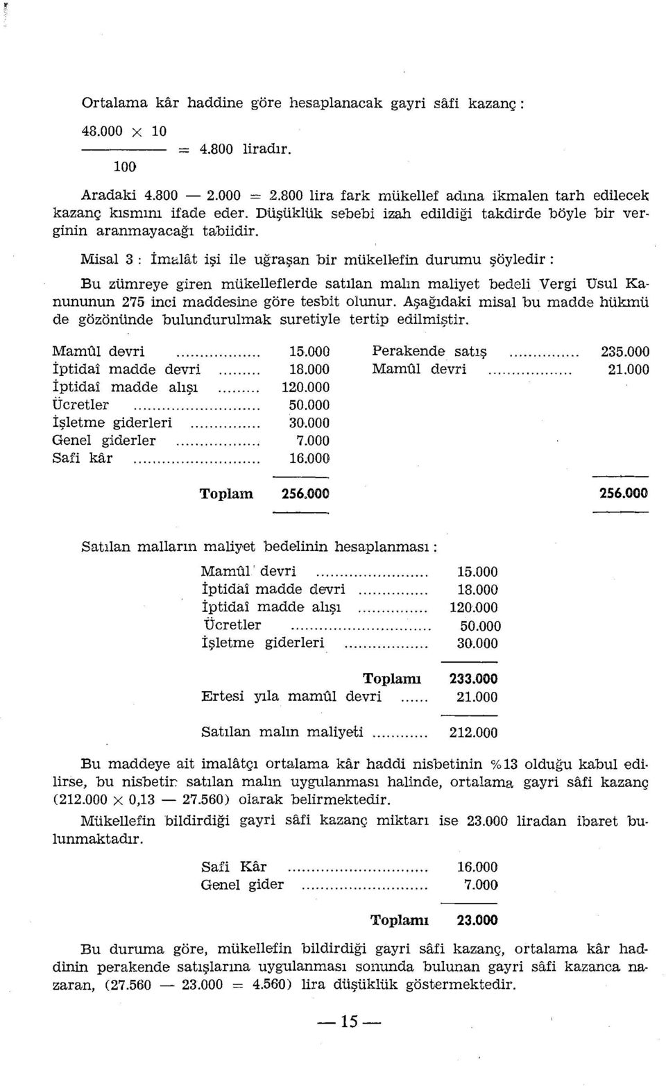 Misal 3 : imalat işi ile uğraşan bir mükellefin durumu şöyledir : Bu zümreye giren mükelleflerde satılan malın maliyet bedeli Vergi Usul Ka nununun 275 inci maddesine göre tesbit olunur.