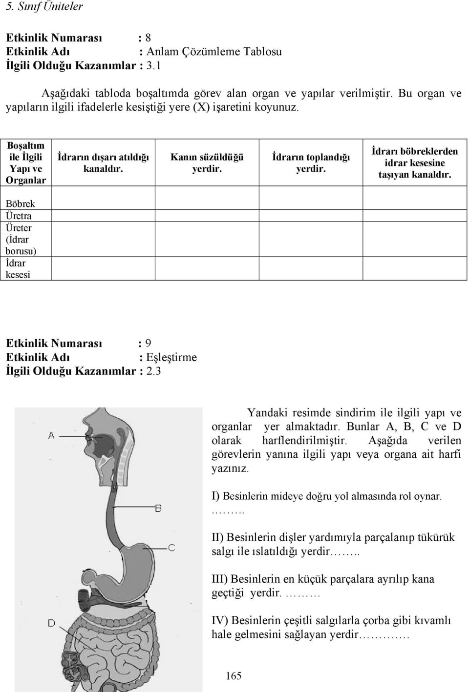 İdrarı böbreklerden idrar kesesine taşıyan kanaldır. Böbrek Üretra Üreter (İdrar borusu) İdrar kesesi Etkinlik Numarası : 9 Etkinlik Adı : Eşleştirme İlgili Olduğu Kazanımlar : 2.