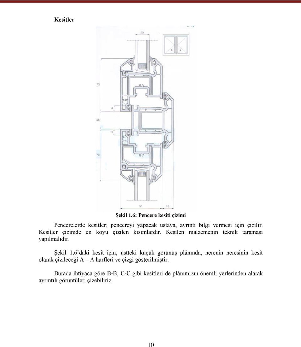 Kesitler çizimde en koyu çizilen kısımlardır. Kesilen malzemenin teknik taraması yapılmalıdır. Şekil 1.