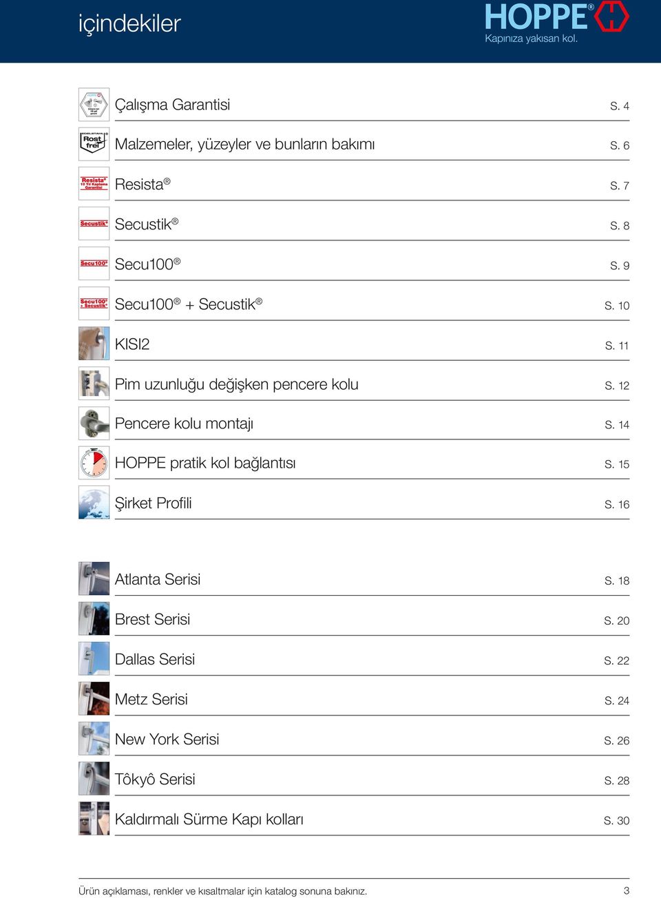 14 HOPPE pratik kol bağlantısı S. 15 Şirket Profili S. 16 Atlanta Serisi S. 18 Brest Serisi S. 0 Dallas Serisi S.