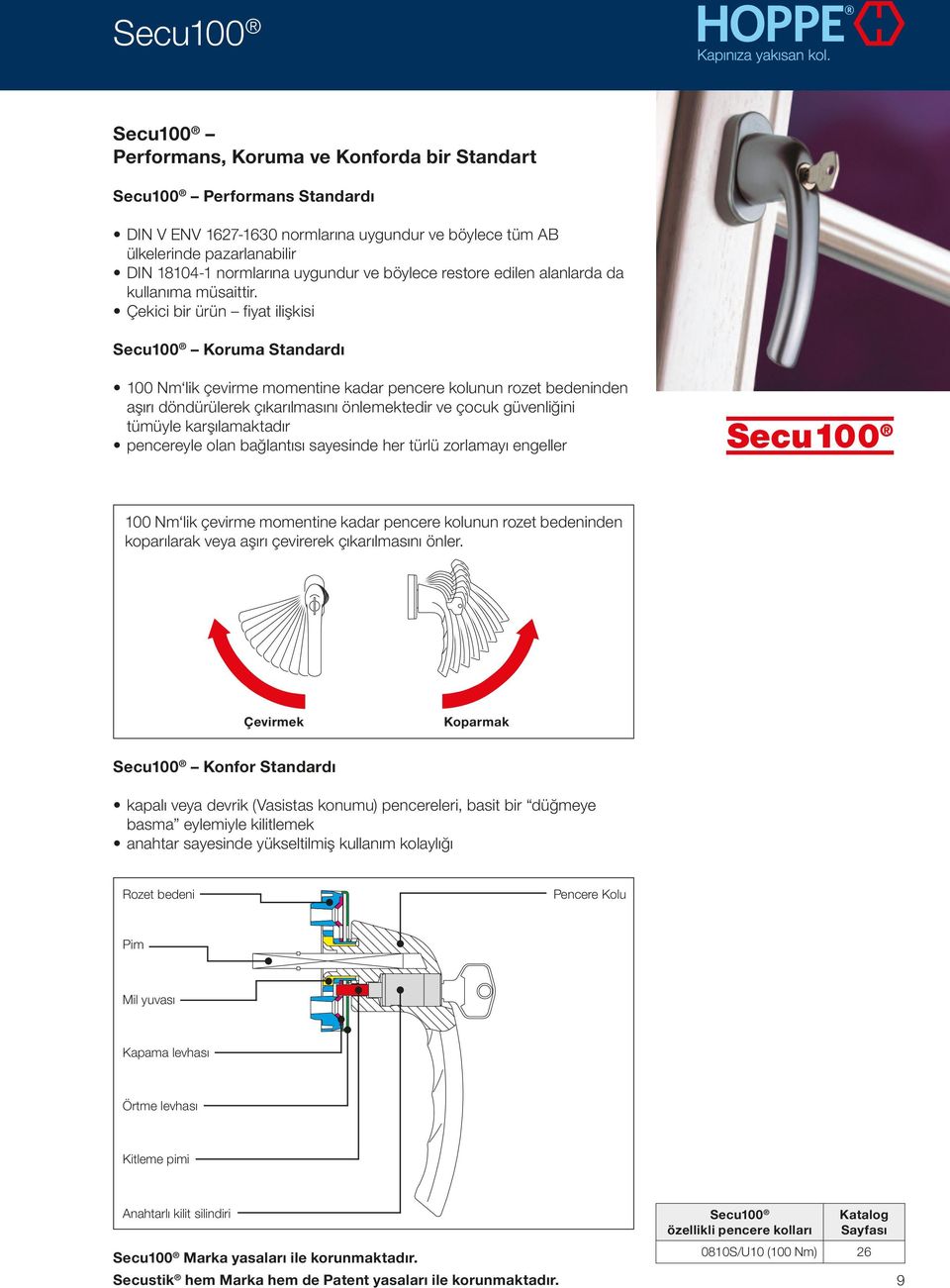 Çekici bir ürün fiyat ilişkisi Secu100 Koruma Standardı 100 Nm lik çevirme momentine kadar pencere kolunun rozet bedeninden aşırı döndürülerek çıkarılmasını önlemektedir ve çocuk güvenliğini tümüyle