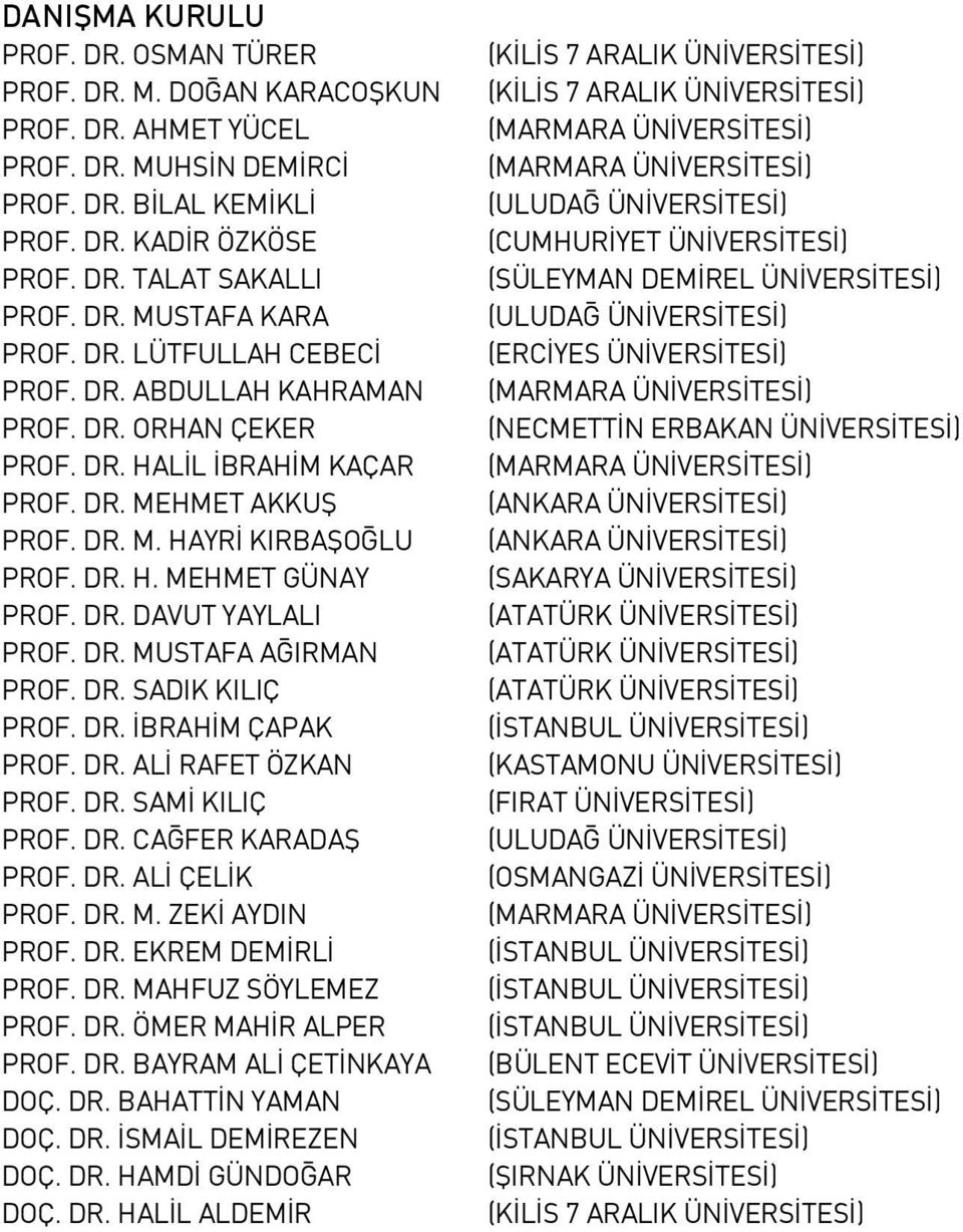 DR. MUSTAFA AĞIRMAN PROF. DR. SADIK KILIÇ PROF. DR. İBRAHİM ÇAPAK PROF. DR. ALİ RAFET ÖZKAN PROF. DR. SAMİ KILIÇ PROF. DR. CAĞFER KARADAŞ PROF. DR. ALİ ÇELİK PROF. DR. M. ZEKİ AYDIN PROF. DR. EKREM DEMİRLİ PROF.