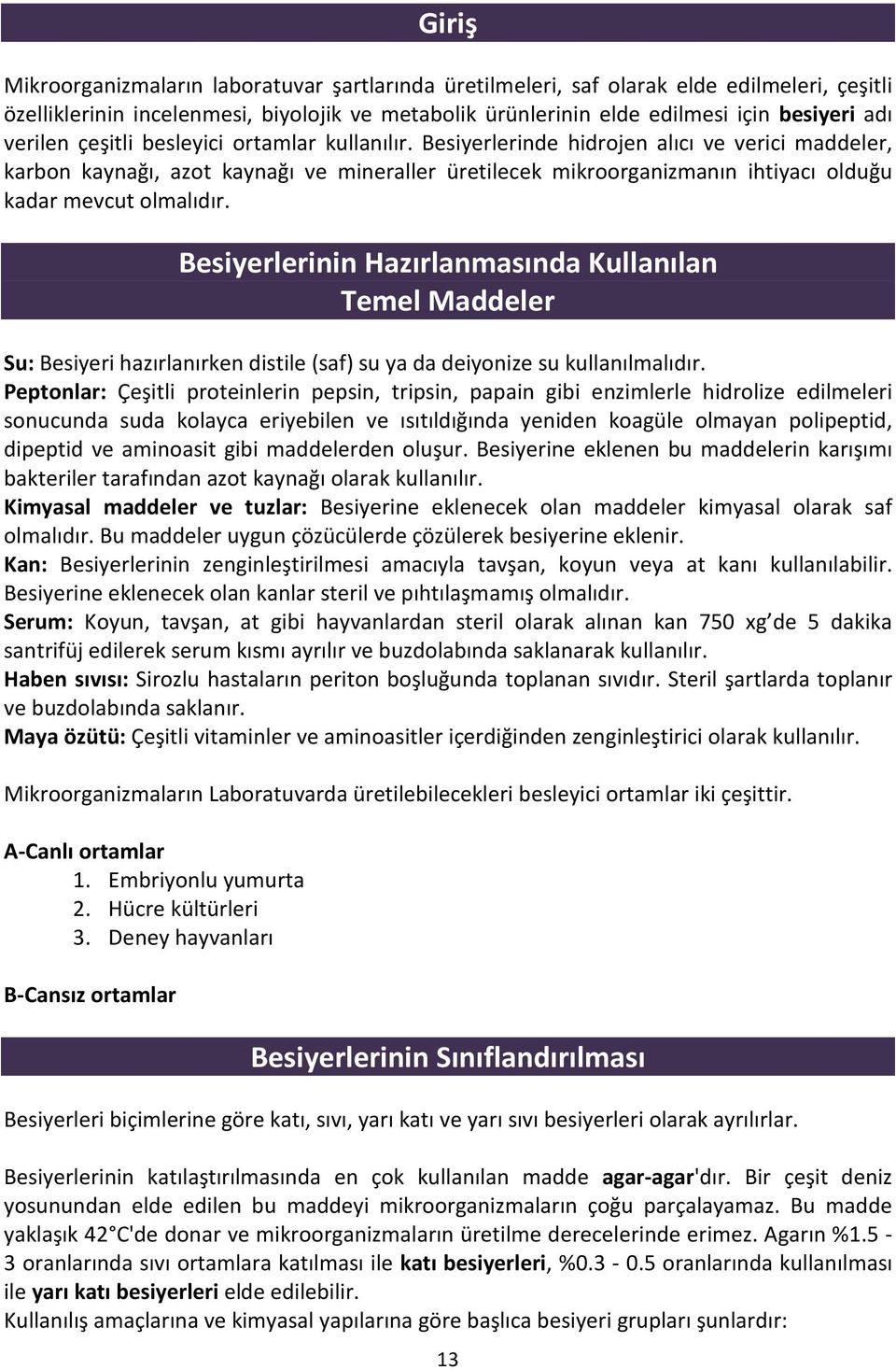 Besiyerlerinde hidrojen alıcı ve verici maddeler, karbon kaynağı, azot kaynağı ve mineraller üretilecek mikroorganizmanın ihtiyacı olduğu kadar mevcut olmalıdır.