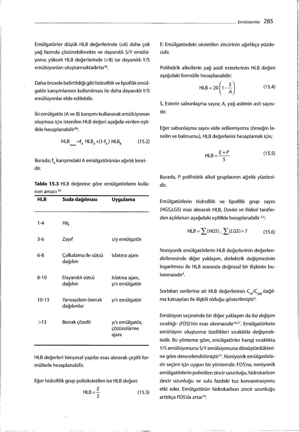 İki emülgatör {A ve B) karışımı kullanarak emülsiyonun oluşması için istenilen HLB değeri aşağıda verilen eşitlikle hesaplanabilir 20 : HLB = f A HLBA+(1-fA) HLB, (15.