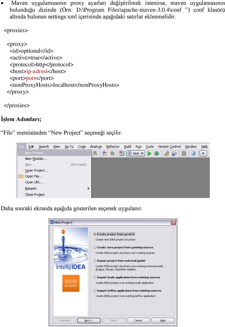 <proxies> <proxy> <id>optional</id> <active>true</active> <protocol>http</protocol> <host>ip-adresi</host> <port>port</port>