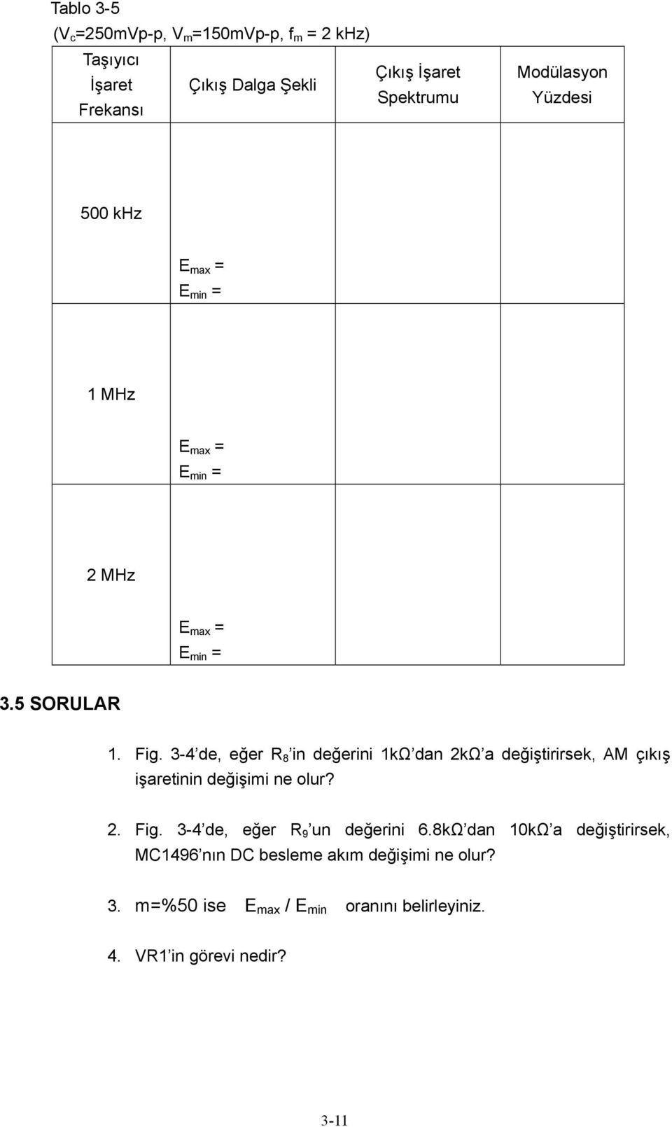 3-4 de, eğer R 8 in değerini 1kΩ dan 2kΩ a değiştirirsek, AM çıkış işaretinin değişimi ne olur? 2. Fig.