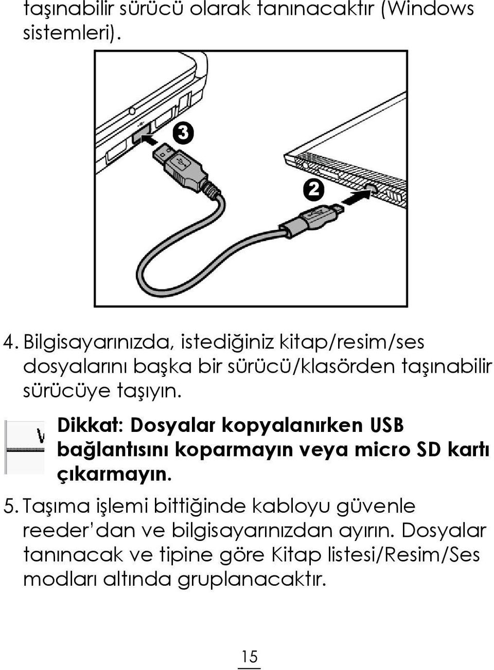 taşıyın. Dikkat: Dosyalar kopyalanırken USB bağlantısını koparmayın veya micro SD kartı çıkarmayın. 5.