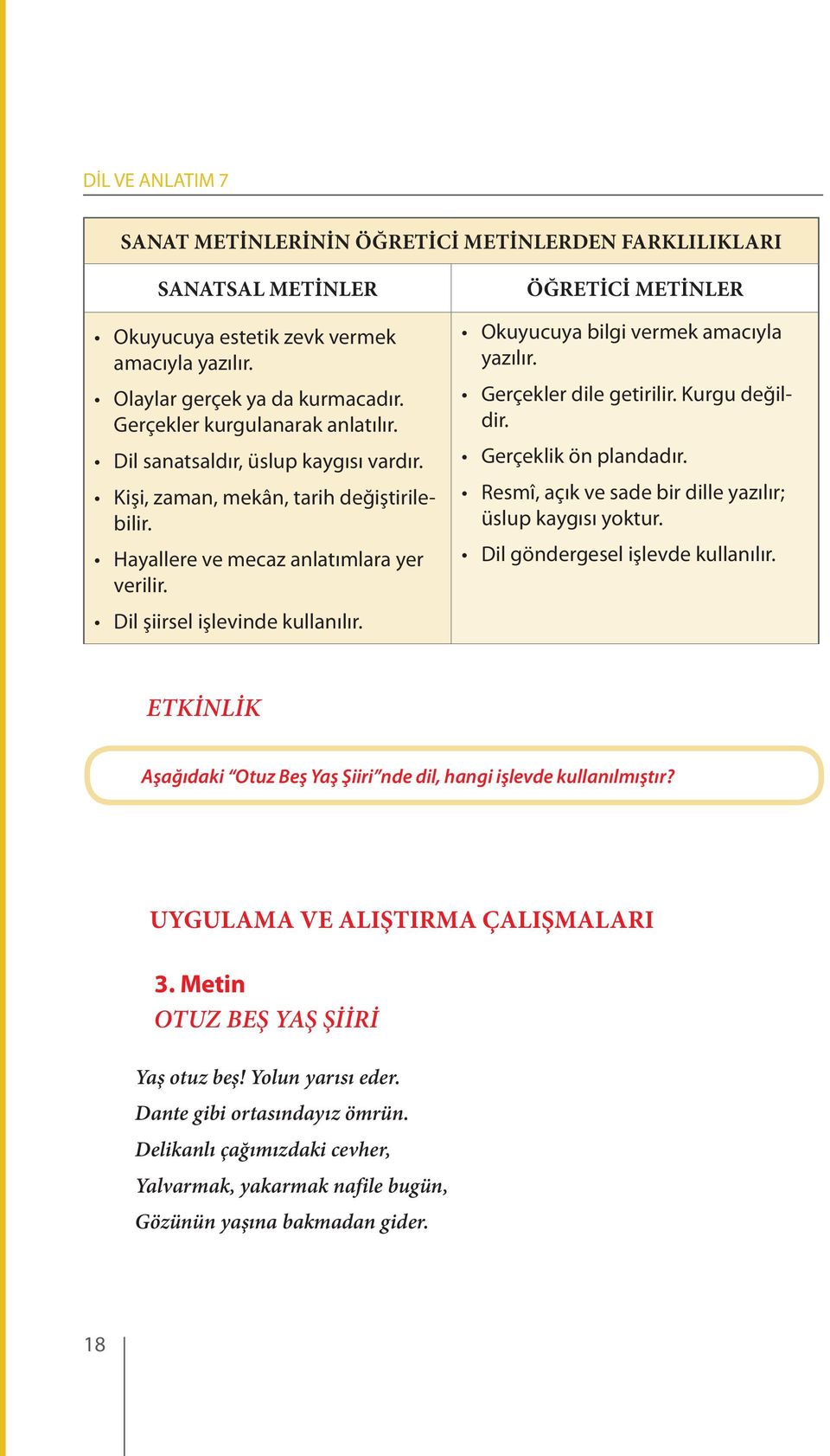 ÖĞRETİCİ METİNLER Okuyucuya bilgi vermek amacıyla yazılır. Gerçekler dile getirilir. Kurgu değildir. Gerçeklik ön plandadır. Resmî, açık ve sade bir dille yazılır; üslup kaygısı yoktur.