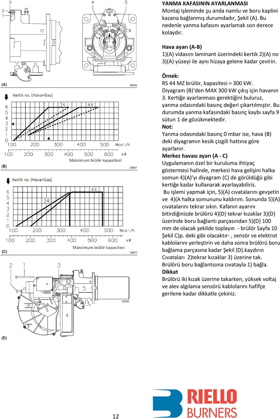 Diyagram (B) den MAX 300 kw çıkış için havanın 3. Kertiğe ayarlanması gerektiğini buluruz, yanma odasındaki basınç değeri çıkartılmıştır.