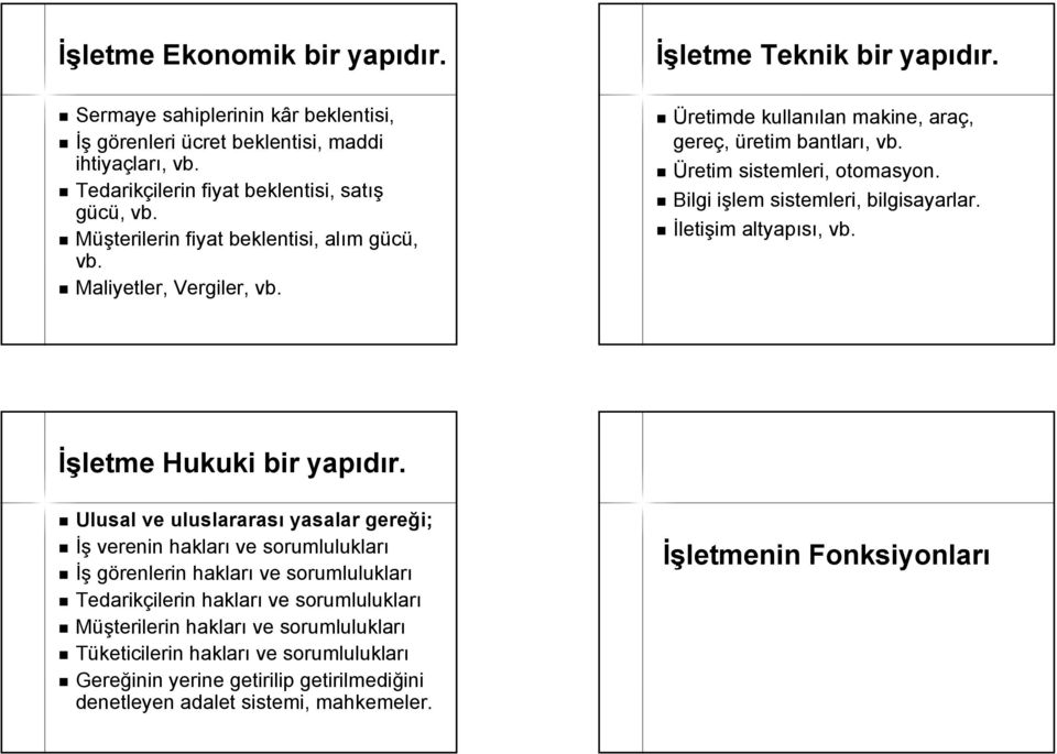 Bilgi işlem sistemleri, bilgisayarlar. İletişim altyapısı, vb. İşletme Hukuki bir yapıdır.