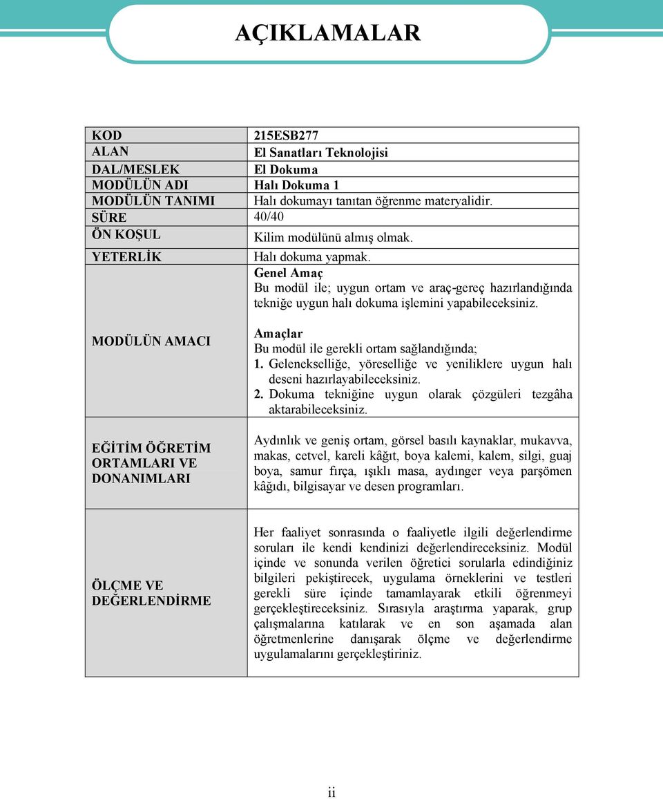 MODÜLÜN AMACI EĞİTİM ÖĞRETİM ORTAMLARI VE DONANIMLARI Amaçlar Bu modül ile gerekli ortam sağlandığında; 1. Gelenekselliğe, yöreselliğe ve yeniliklere uygun halı deseni hazırlayabileceksiniz. 2.