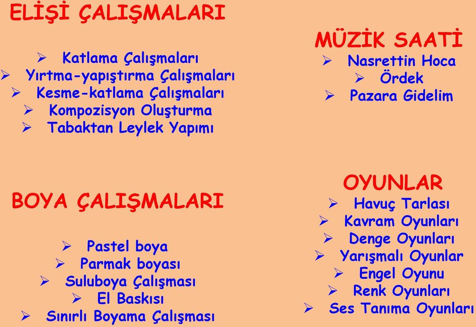 ÇALIŞMALARI Pastel boya Parmak boyası Suluboya Çalışması El Baskısı Sınırlı Boyama Çalışması OYUNLAR