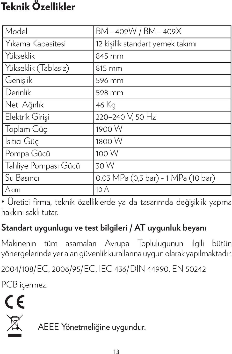 03 MPa (0,3 bar) - 1 MPa (10 bar) 10 A Üretici firma, teknik özelliklerde ya da tasarımda değişiklik yapma hakkını saklı tutar.