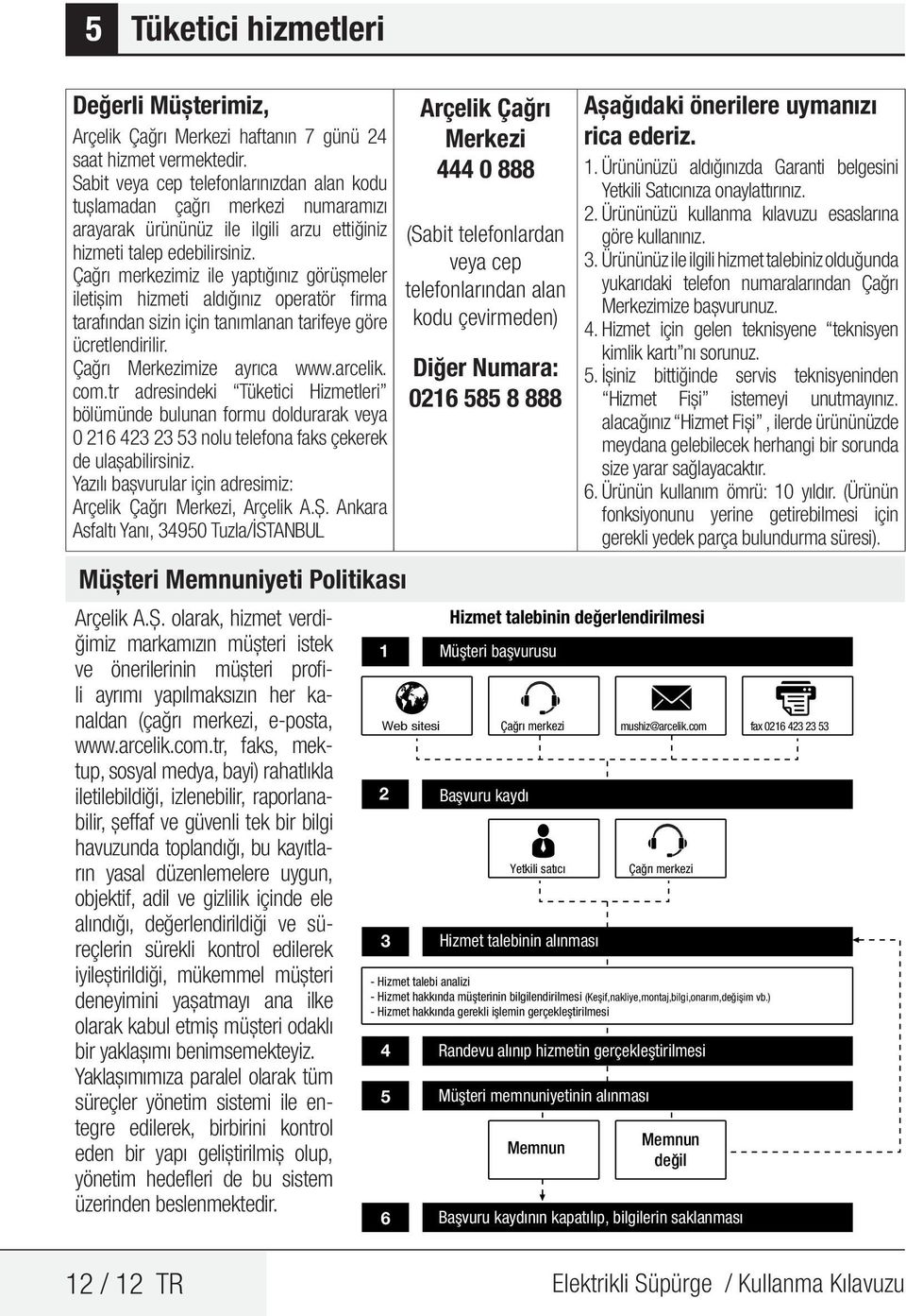 Çağrı merkezimiz ile yaptığınız görüşmeler iletişim hizmeti aldığınız operatör firma tarafından sizin için tanımlanan tarifeye göre ücretlendirilir. Çağrı Merkezimize ayrıca www.arcelik. com.