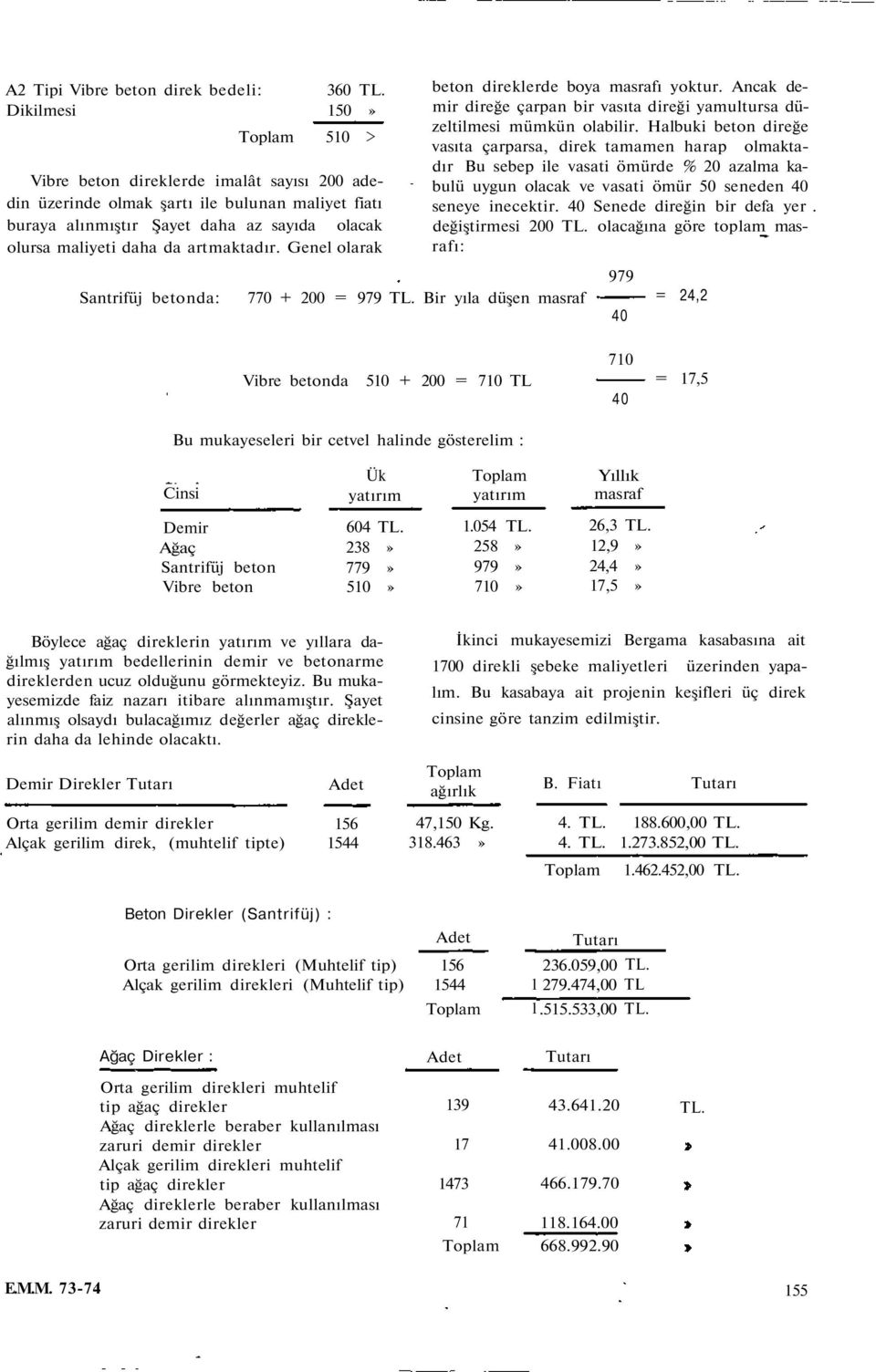 Genel olarak Santrifüj betonda: 770 + 200 = 979 TL. Bir yıla düşen masraf beton direklerde boya masrafı yoktur. Ancak demir direğe çarpan bir vasıta direği yamultursa düzeltilmesi mümkün olabilir.