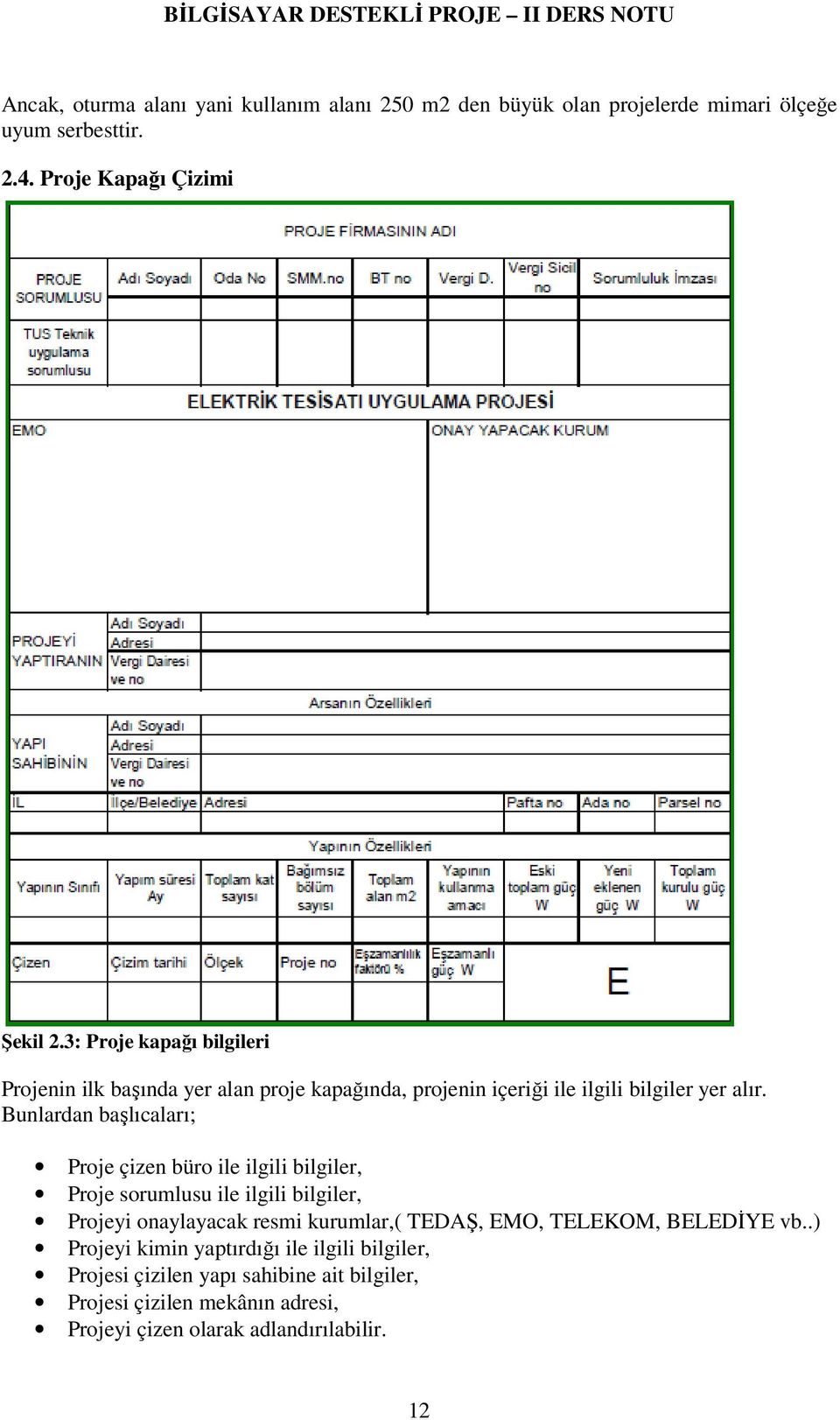 Bunlardan başlıcaları; Proje çizen büro ile ilgili bilgiler, Proje sorumlusu ile ilgili bilgiler, Projeyi onaylayacak resmi kurumlar,( TEDAŞ, EMO,