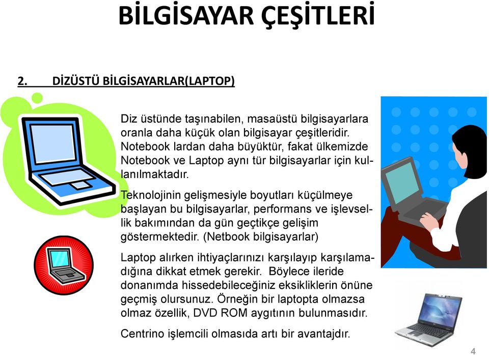 Teknolojinin gelişmesiyle boyutları küçülmeye başlayan bu bilgisayarlar, performans ve işlevsellik bakımından da gün geçtikçe gelişim göstermektedir.