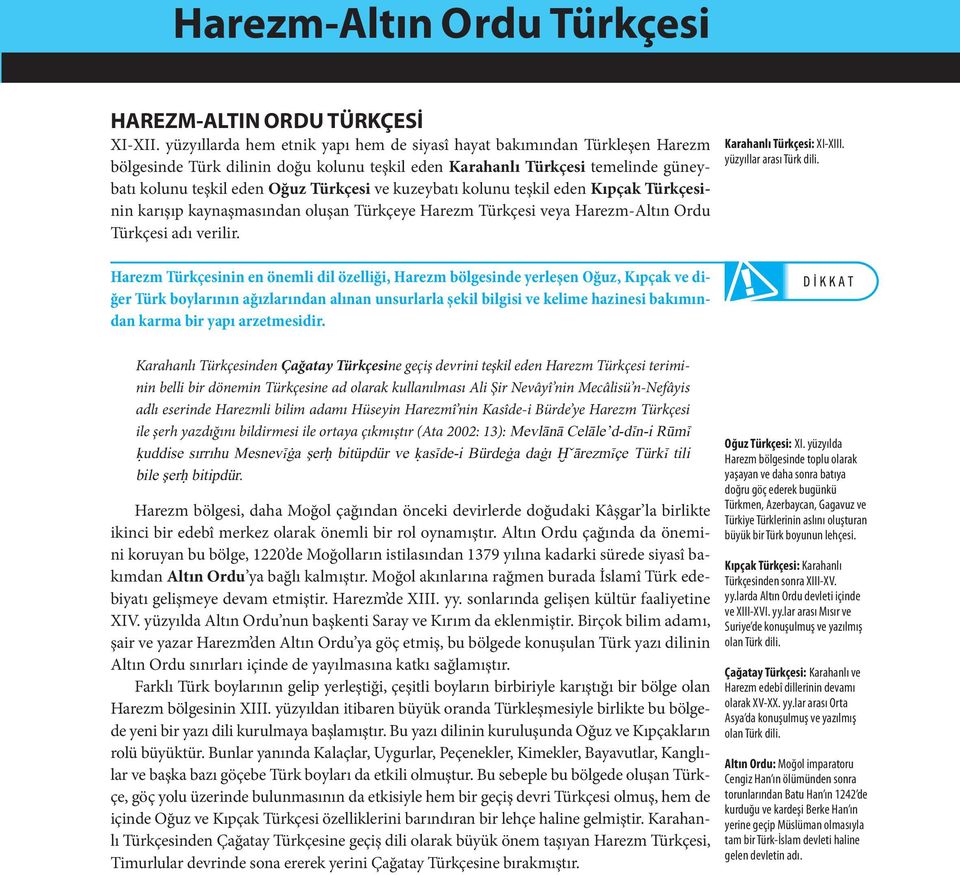 kuzeybatı kolunu teşkil eden Kıpçak Türkçesinin karışıp kaynaşmasından oluşan Türkçeye Harezm Türkçesi veya Harezm-Altın Ordu Türkçesi adı verilir. Karahanlı Türkçesi: XI-XIII.