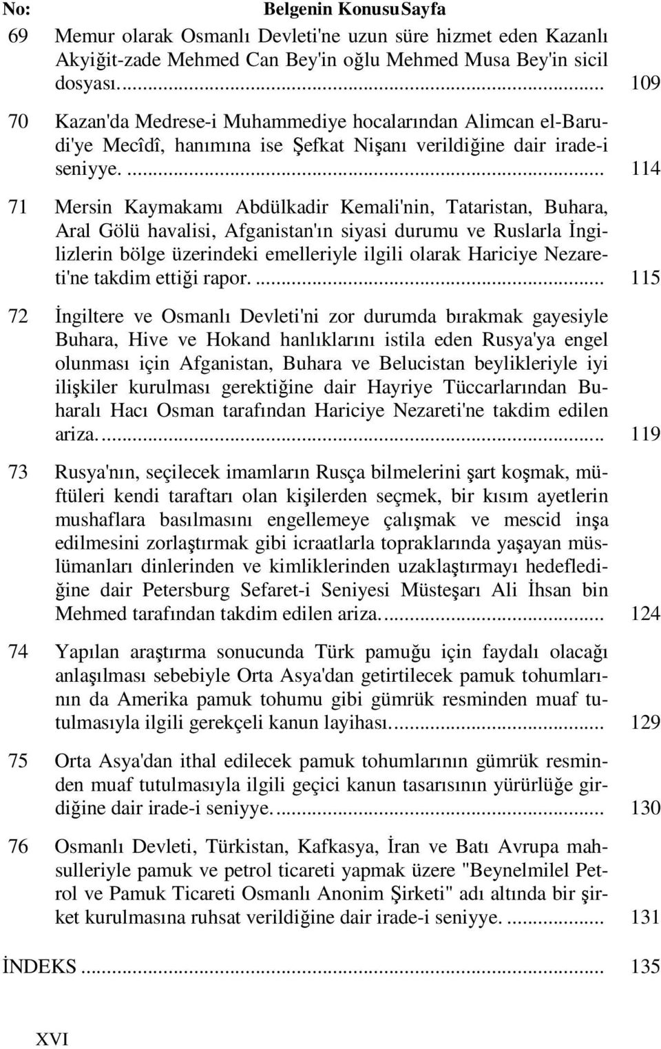 ... 114 71 Mersin Kaymakamı Abdülkadir Kemali'nin, Tataristan, Buhara, Aral Gölü havalisi, Afganistan'ın siyasi durumu ve Ruslarla İngilizlerin bölge üzerindeki emelleriyle ilgili olarak Hariciye