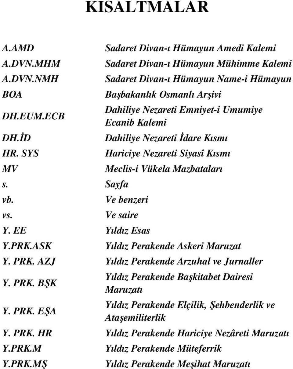 Kalemi Dahiliye Nezareti İdare Kısmı Hariciye Nezareti Siyasî Kısmı Meclis-i Vükela Mazbataları Ve benzeri Ve saire Y. EE Yıldız Esas Y.PRK.ASK Yıldız Perakende Askeri Maruzat Y. PRK.