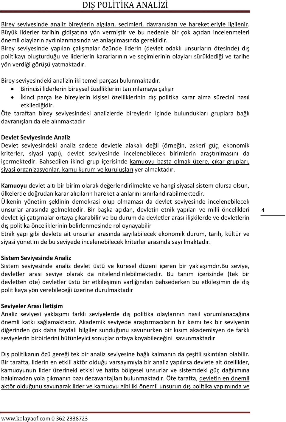 Birey seviyesinde yapılan çalışmalar özünde liderin (devlet odaklı unsurların ötesinde) dış politikayı oluşturduğu ve liderlerin kararlarının ve seçimlerinin olayları sürüklediği ve tarihe yön