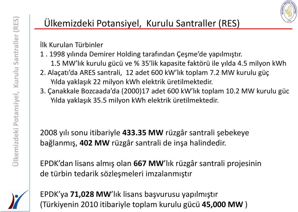 2 MW kurulu güc Yılda yaklaşık 35.5 milyon kwh elektrik üretilmektedir. 2008 yılı sonu itibariyle 433.35 MW rüzgâr santrali şebekeye bağlanmış, 402 MW rüzgâr santrali de inşa halindedir.