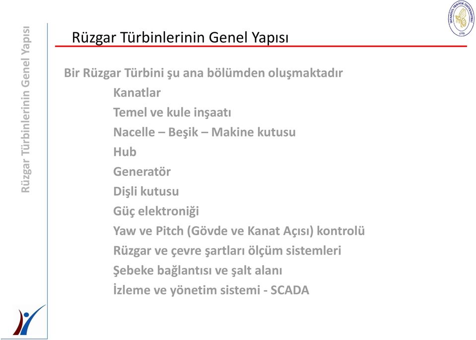 Generatör Dişli kutusu Güç elektroniği Yaw ve Pitch (Gövde ve Kanat Açısı) kontrolü Rüzgar